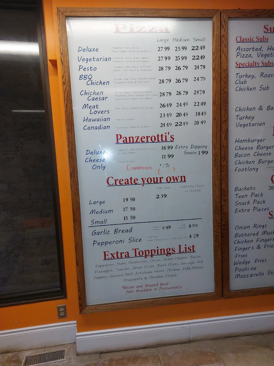 Menu, Skippy's Pizza
