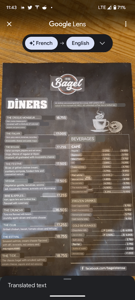 Menu, Bagel Ste-Rose