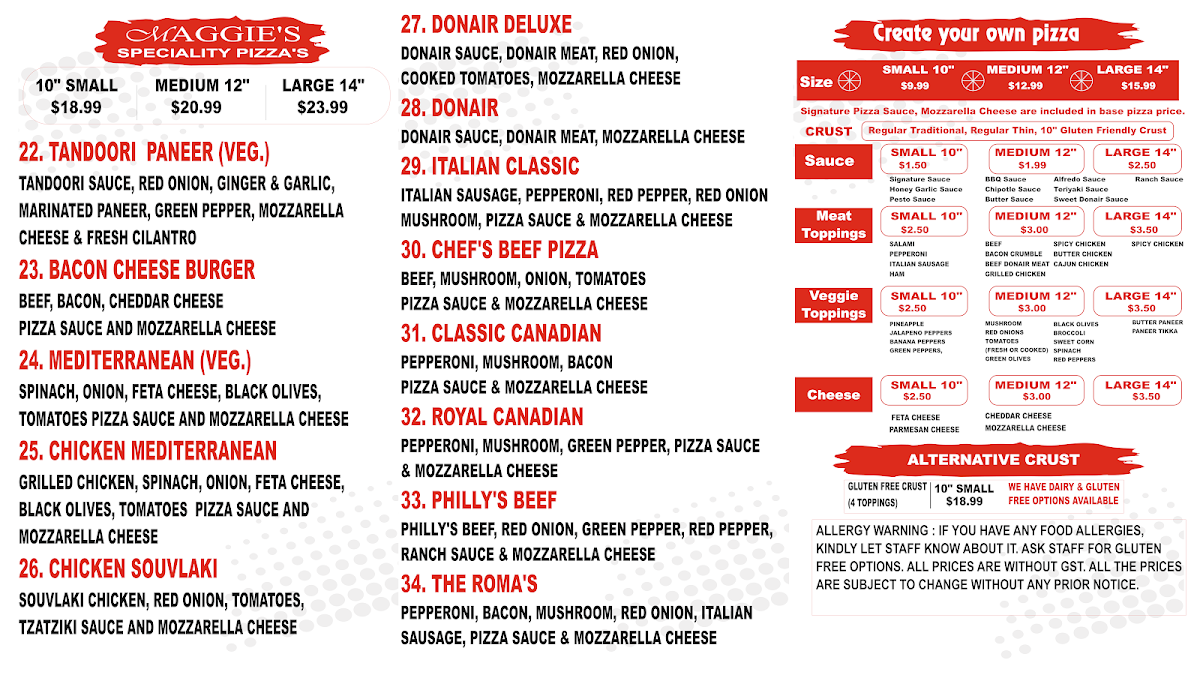 Menu, Maggie's Pizzeria