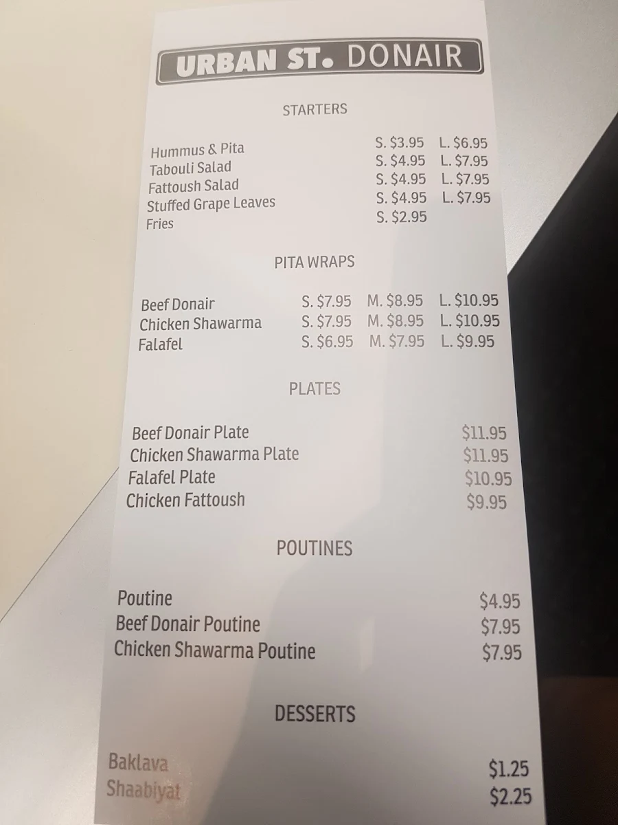 Menu, Urban St. Donair