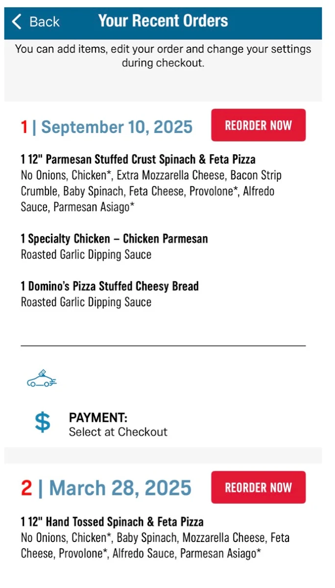 Menu, Domino's Pizza