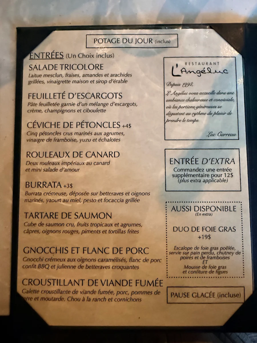 Menu, Restaurant L'Angéluc