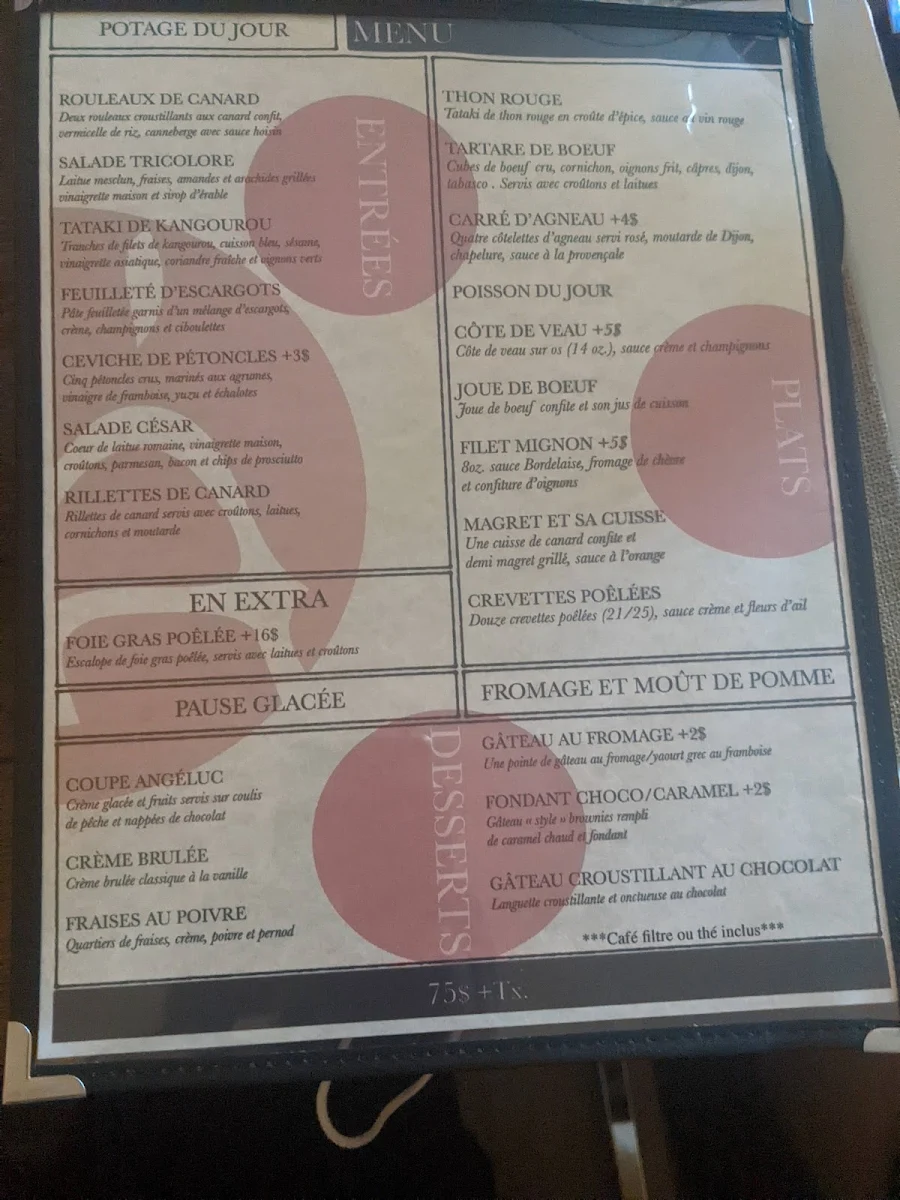 Menu, Restaurant L'Angéluc
