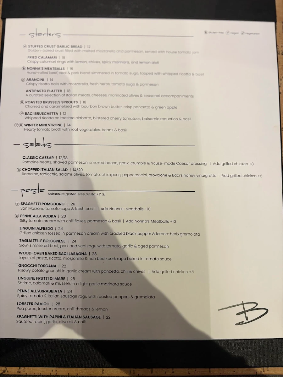 Menu, Baci Ristorante