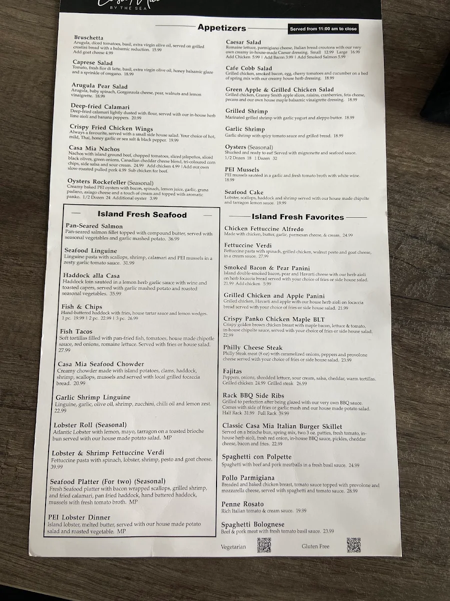 Menu, Casa Mia By The Sea