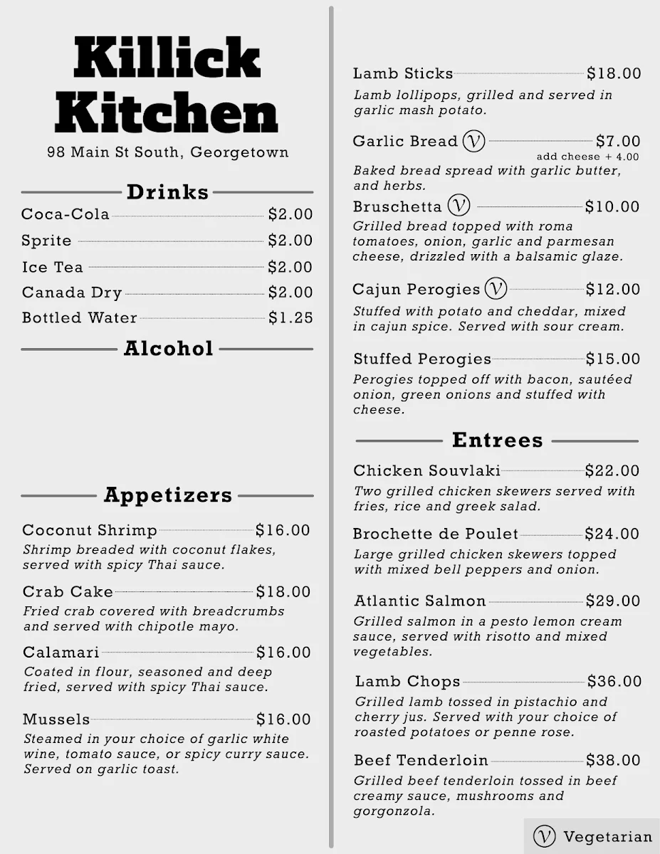 Menu, Killick Kitchen