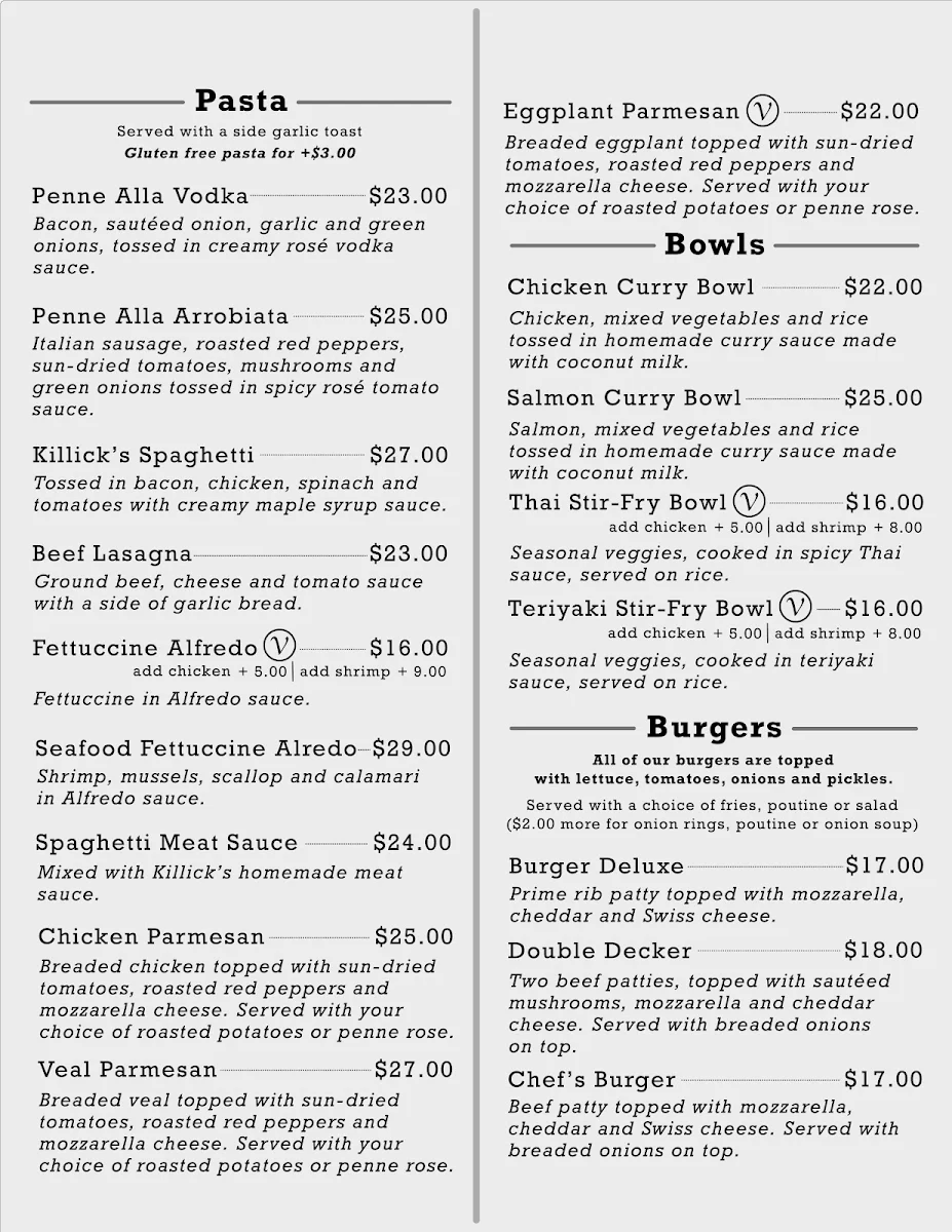 Menu, Killick Kitchen