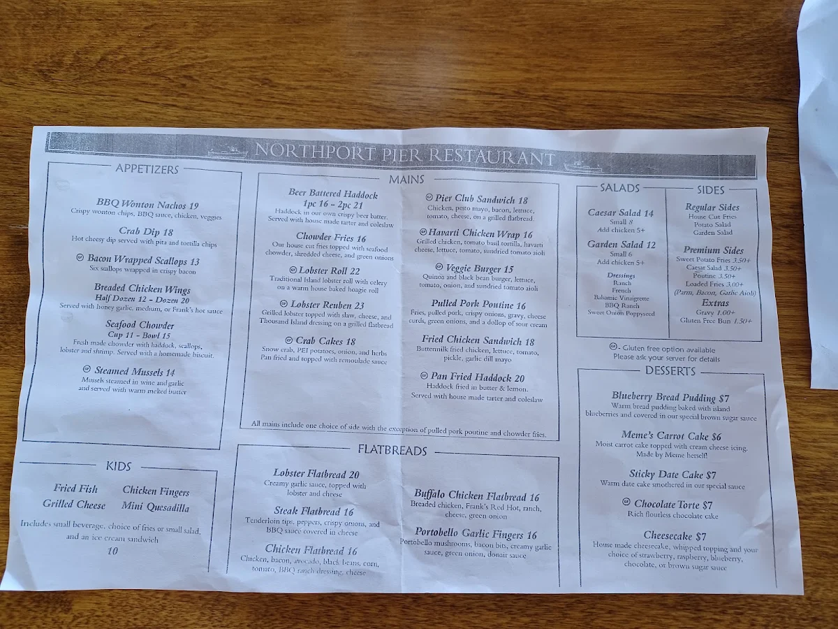 Menu, Northport Pier Restaurant