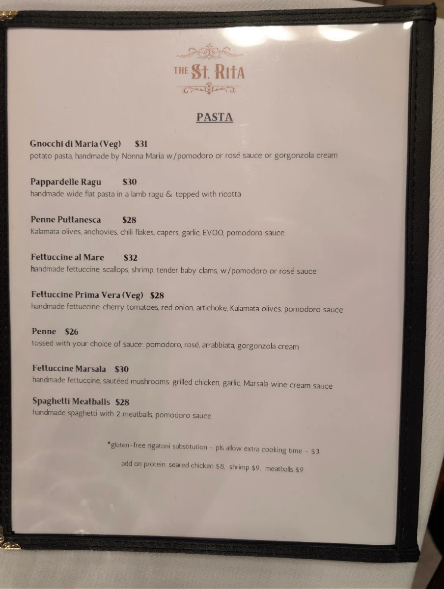 Menu, The St. Rita