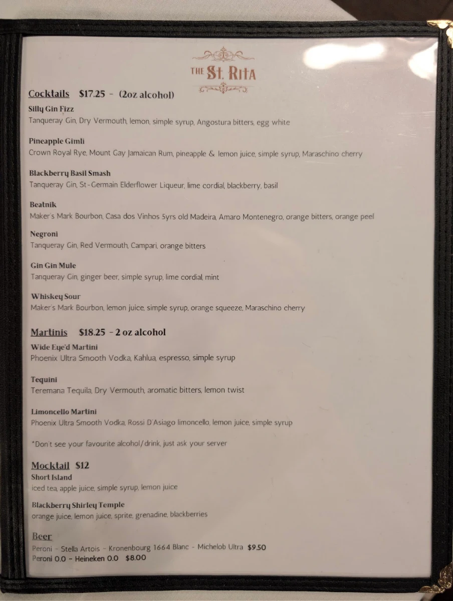 Menu, The St. Rita