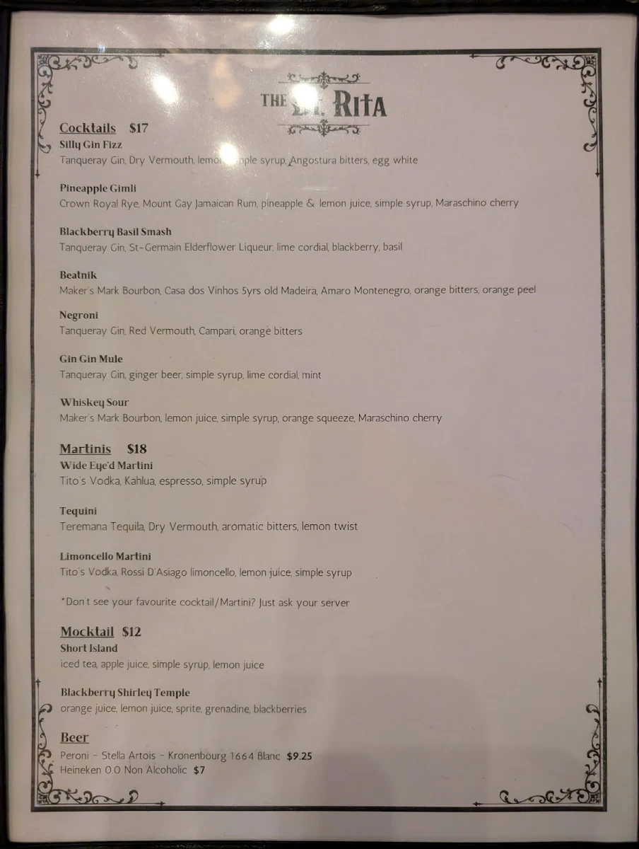 Menu, The St. Rita