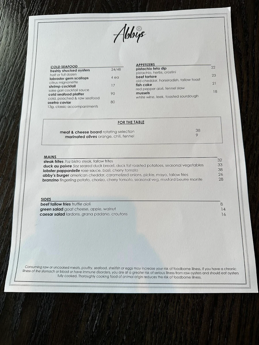 Menu, Abby's Wine Bar