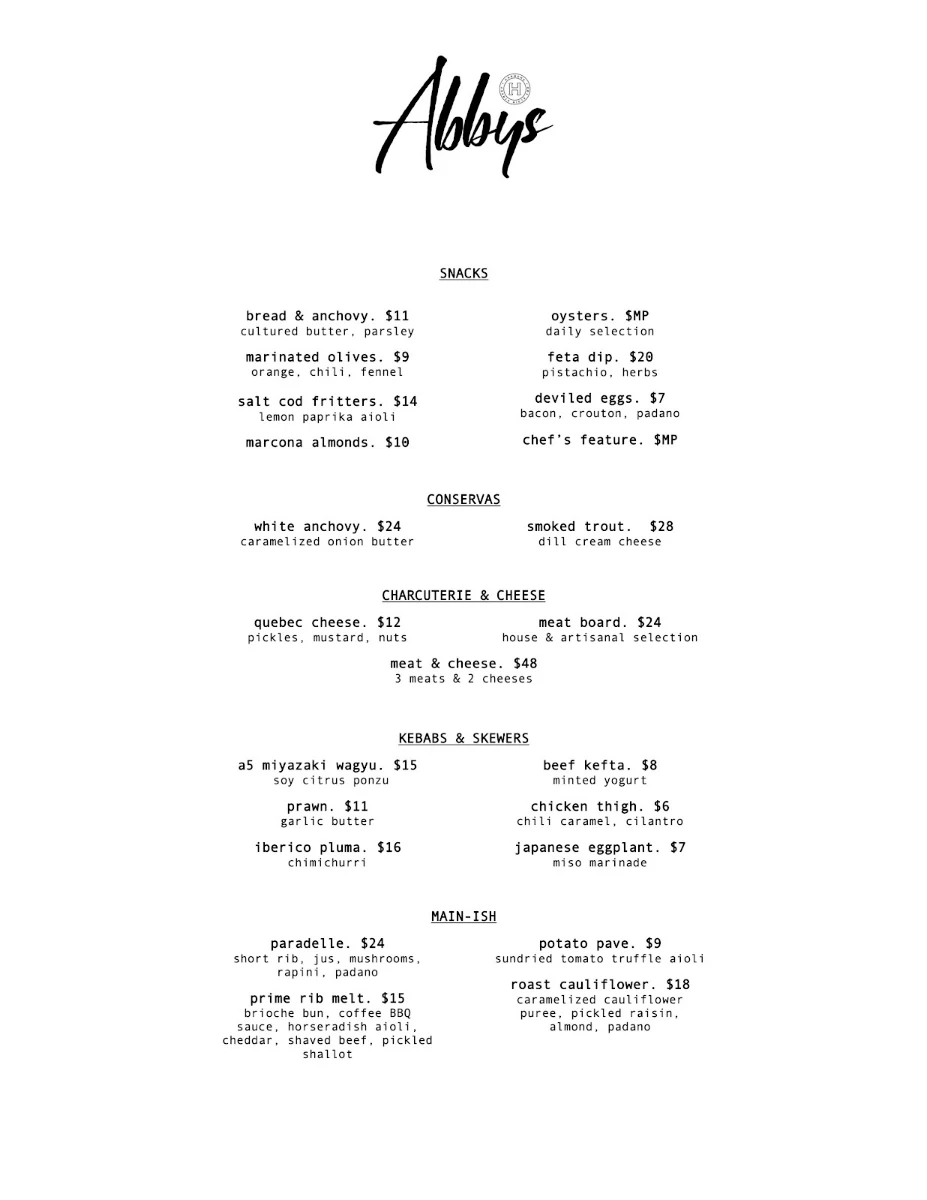 Menu, Abby's Wine Bar