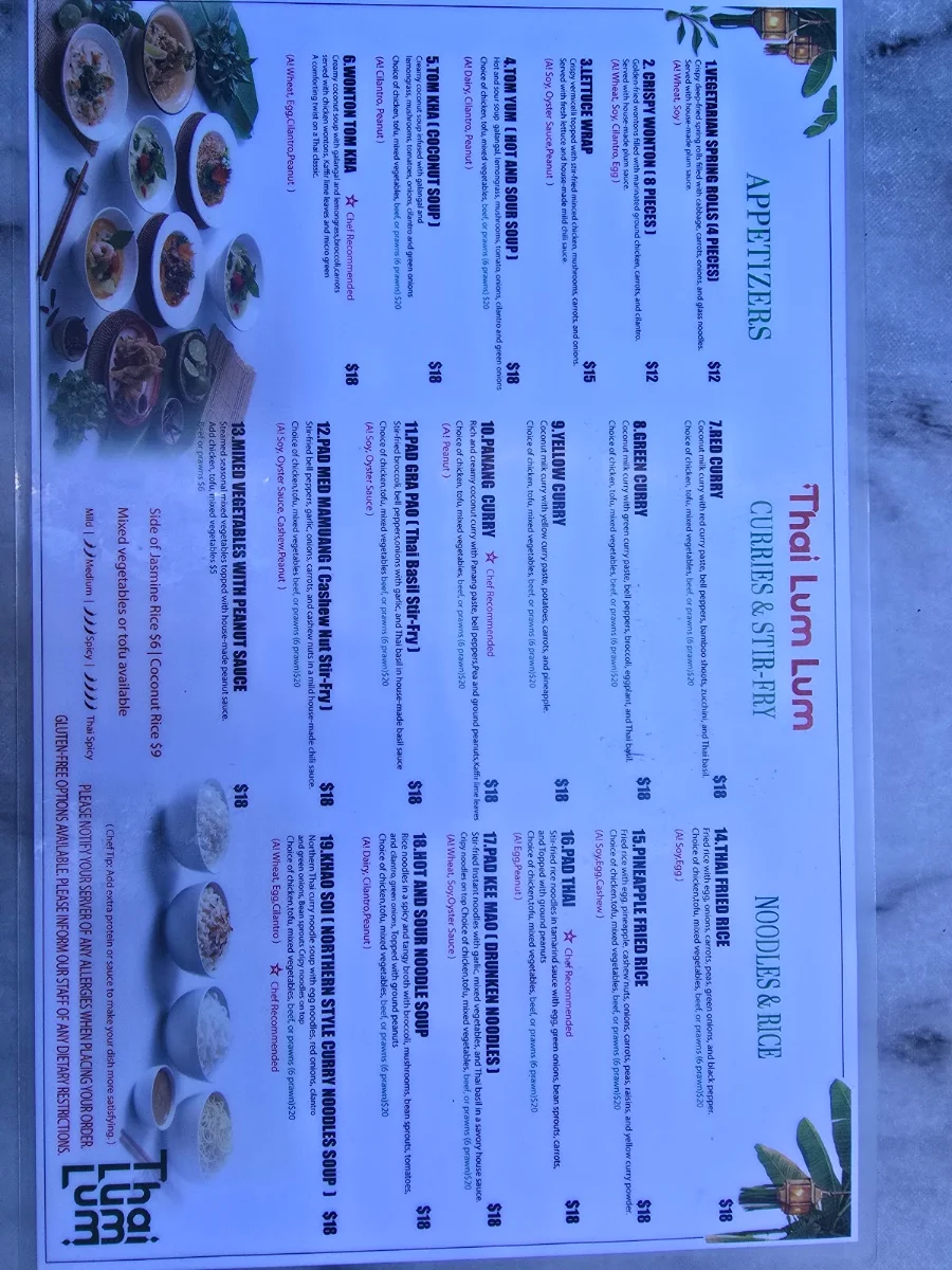 Menu, Thai LumLum Restaurant