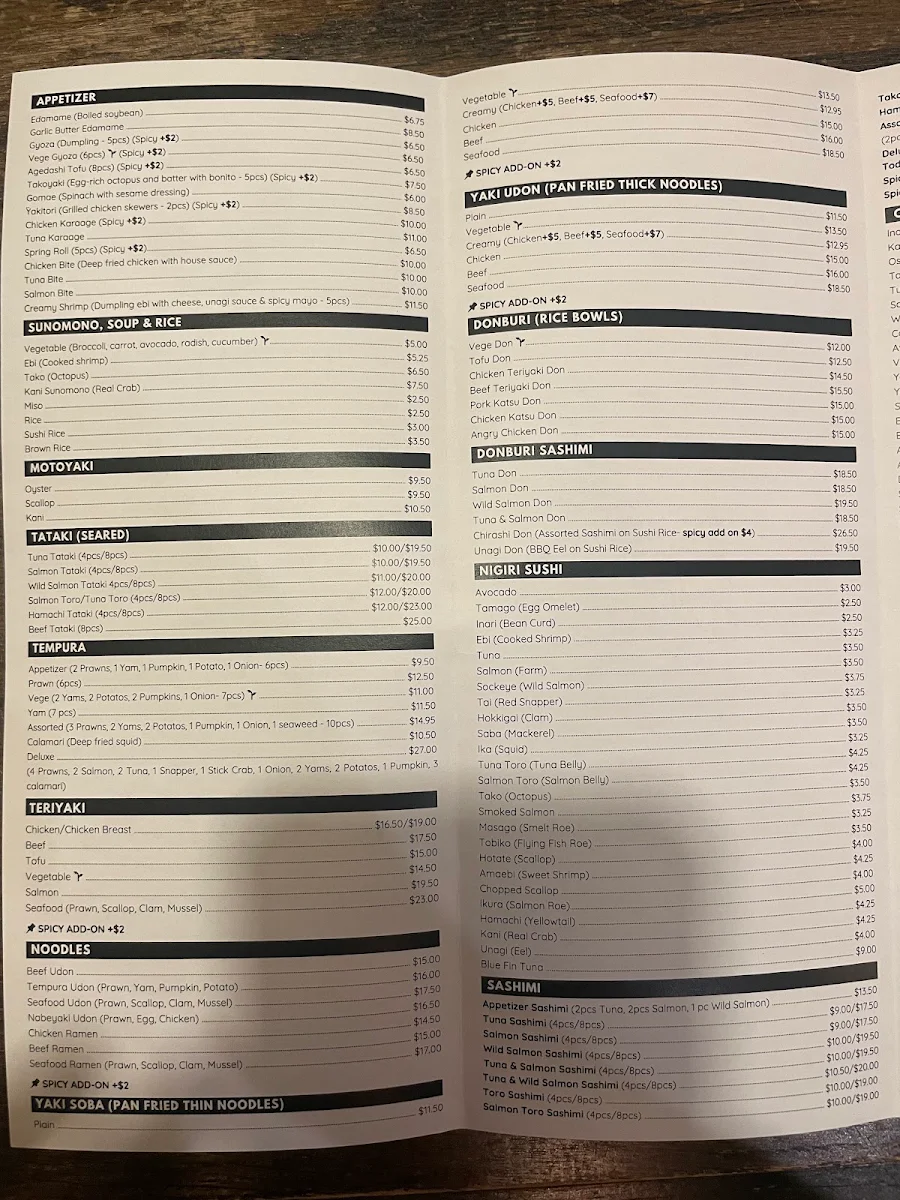 Menu, Todai Sushi