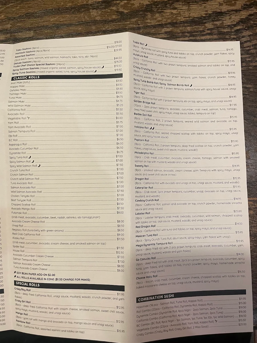 Menu, Todai Sushi