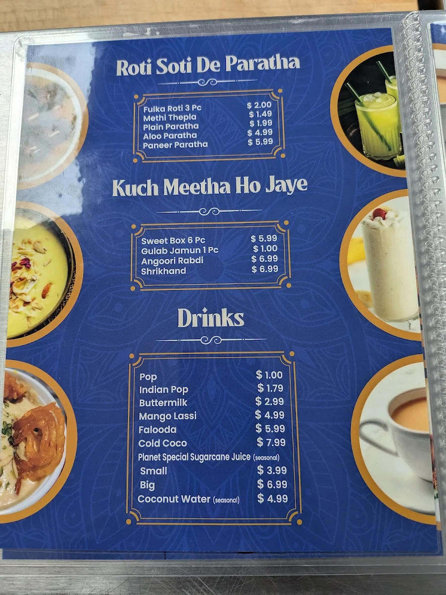 Menu, PLANET INDIA CHAAT CORNER