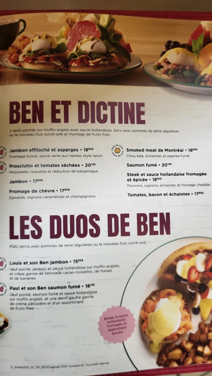 Menu, Cora Déjeuners et dîners