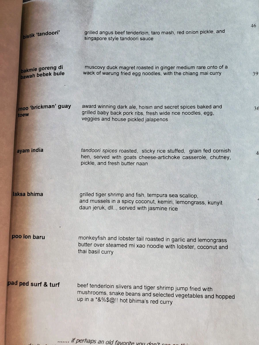 Menu, Bhima's Warung