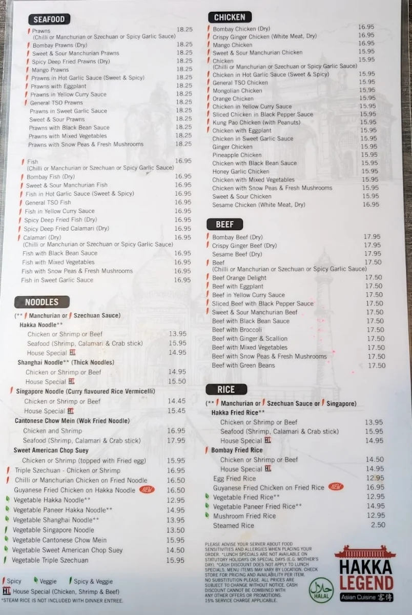 Menu, Hakka Legend Asian Cuisine Oakville
