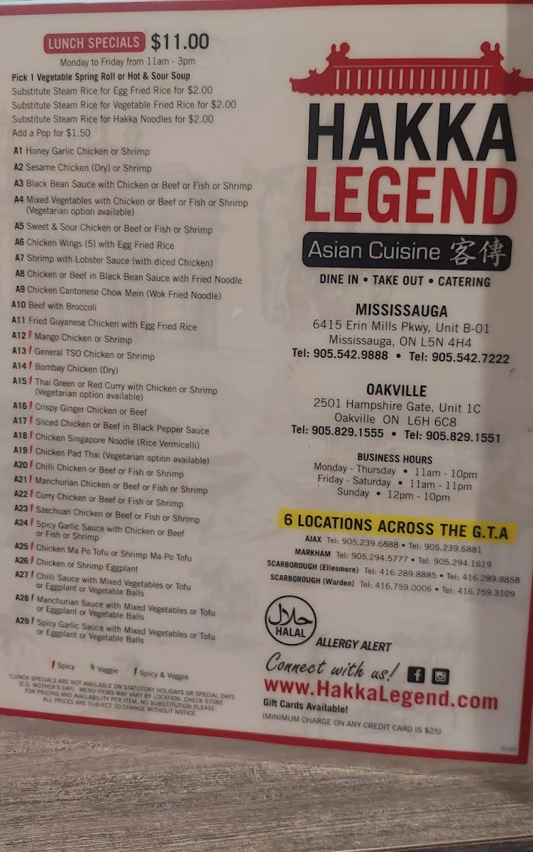 Menu, Hakka Legend Asian Cuisine Oakville