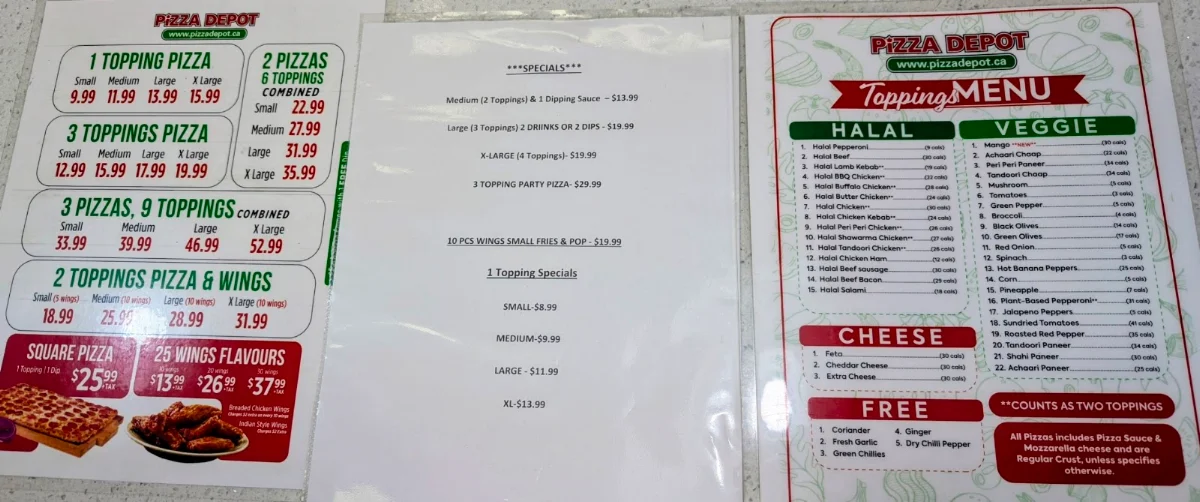 Menu, Pizza Depot