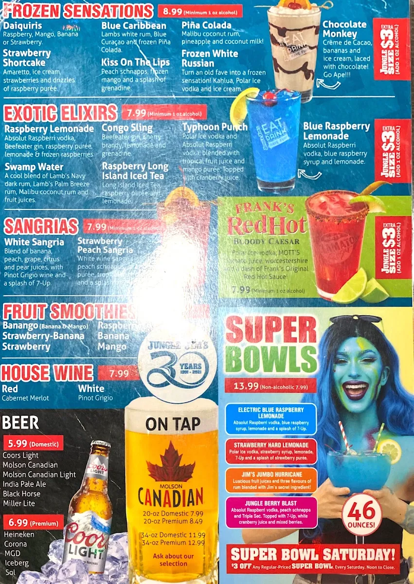 Menu, Jungle Jim's Eatery