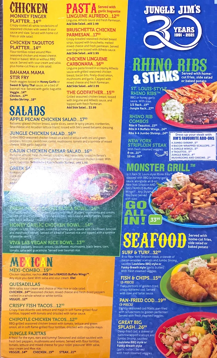 Menu, Jungle Jim's Eatery