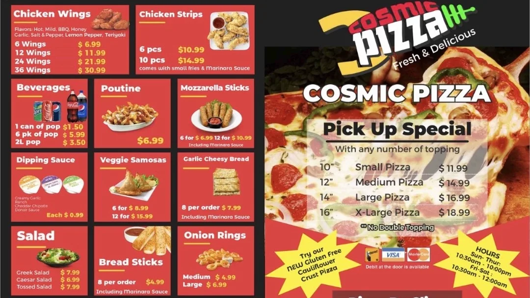Menu, Cosmic Pizza Stettler