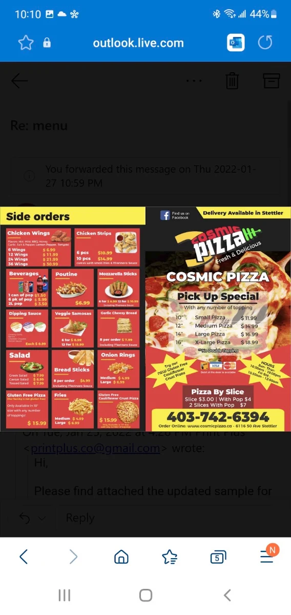 Menu, Cosmic Pizza Stettler