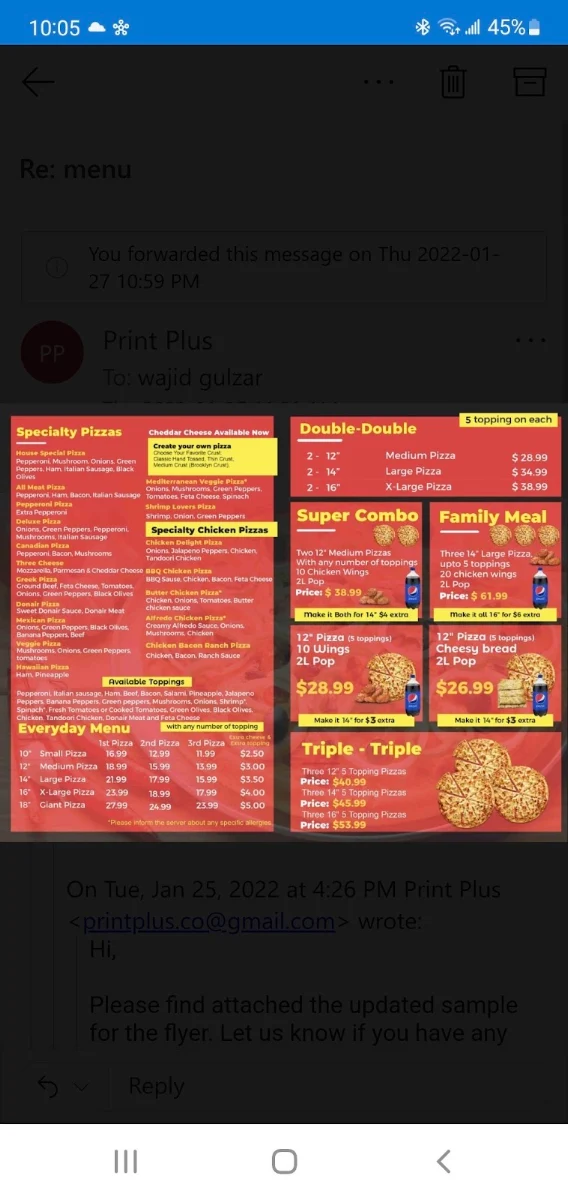Menu, Cosmic Pizza Stettler