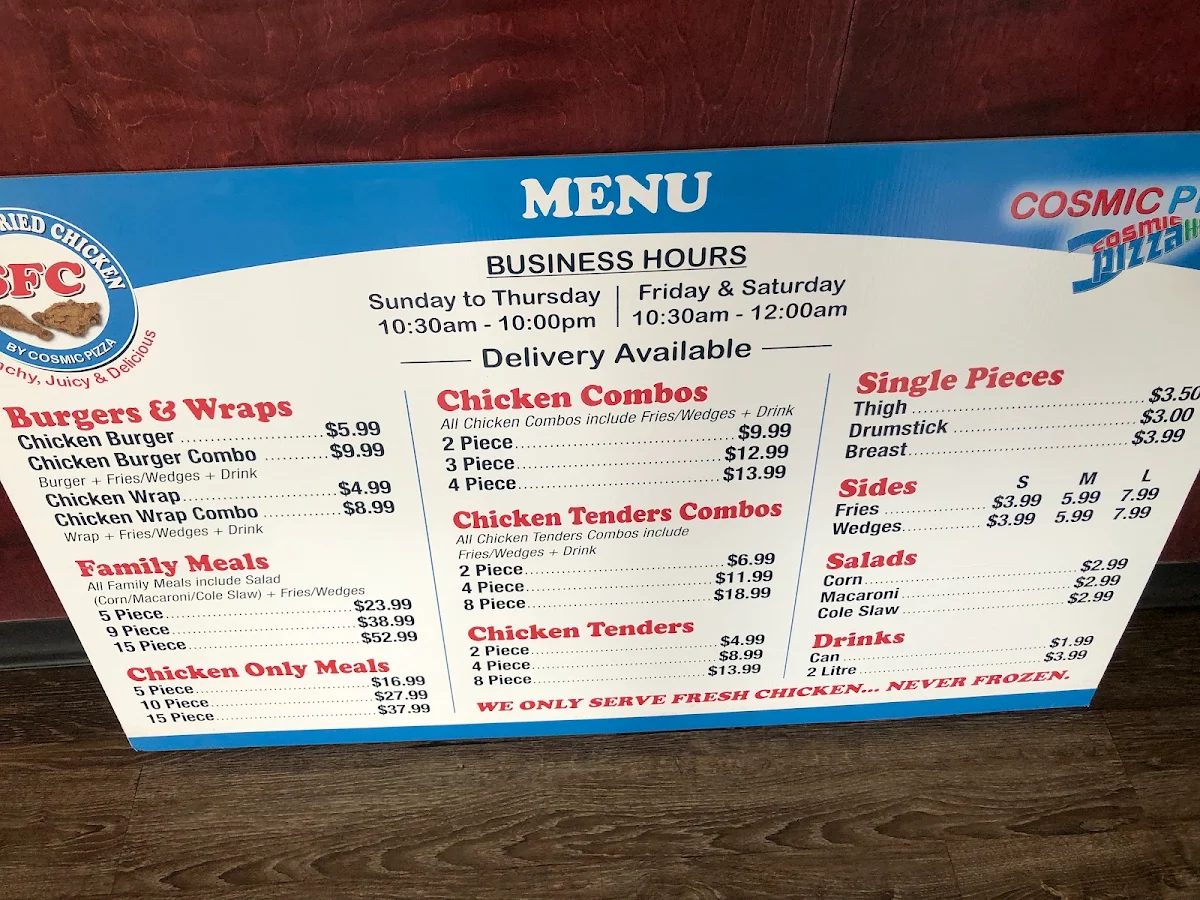 Menu, Cosmic Pizza Stettler
