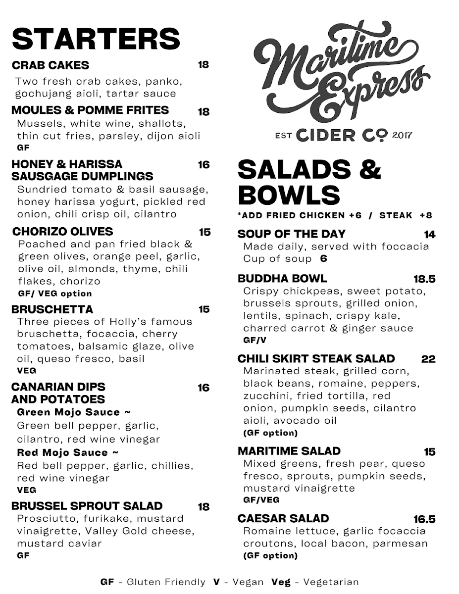 Menu, Maritime Express Cider Co.