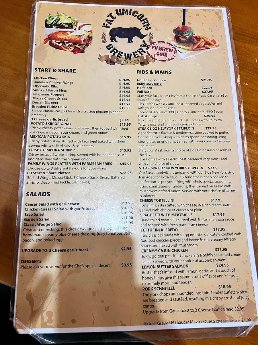 Menu, Fat Unicorn Tap N Grill