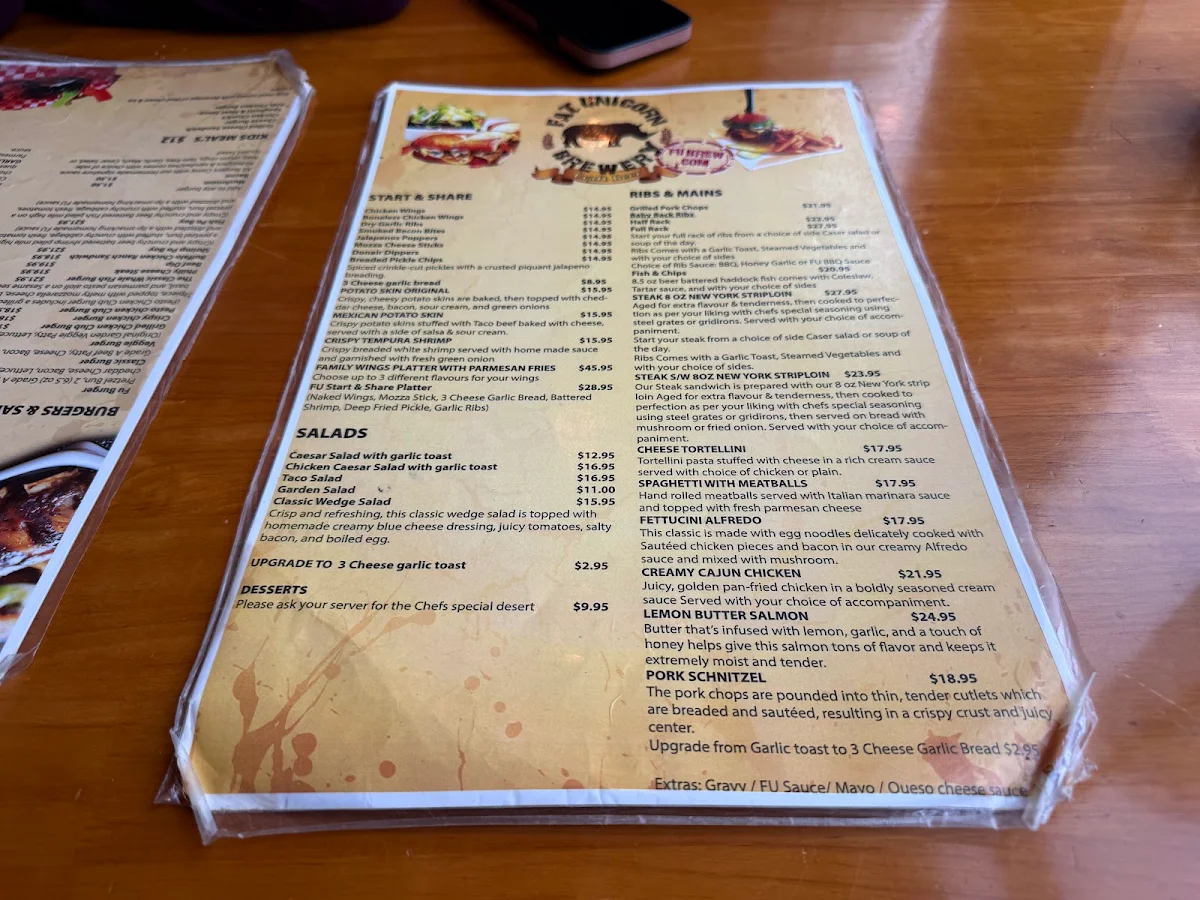 Menu, Fat Unicorn Tap N Grill