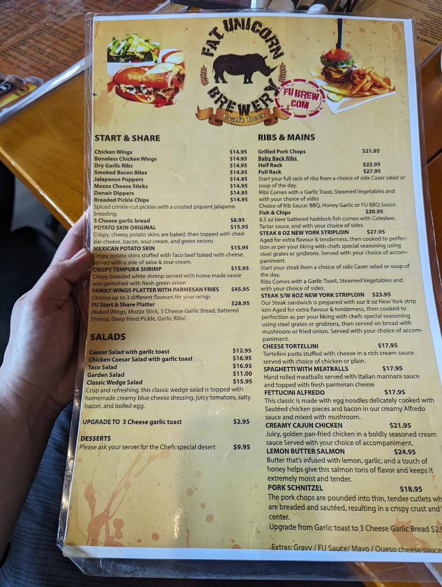 Menu, Fat Unicorn Tap N Grill