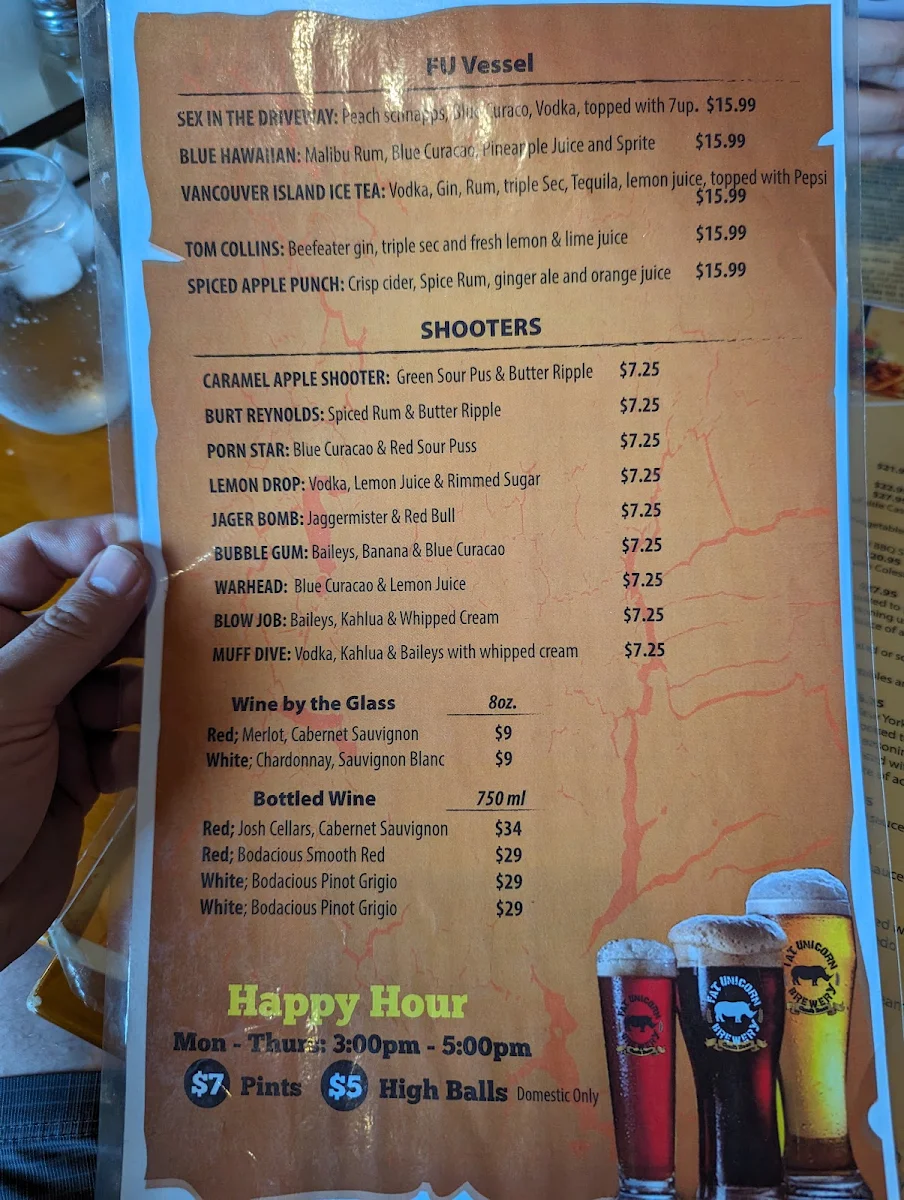 Menu, Fat Unicorn Tap N Grill