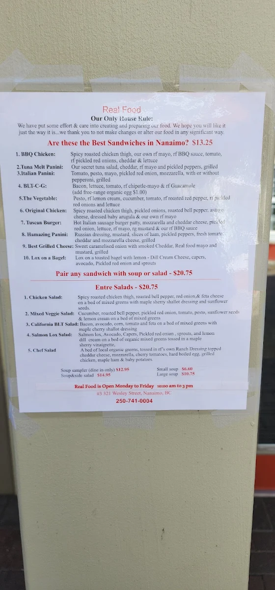 Menu, Real Food Cafe
