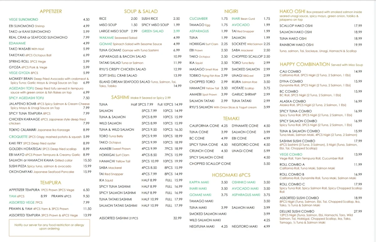 Menu, Sushi Ryu Japanese restaurant