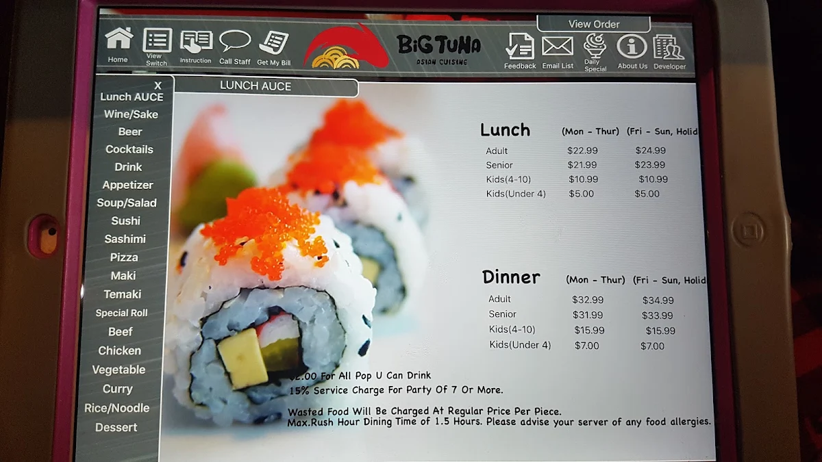 Menu, BIG TUNA ASIAN CUISINE