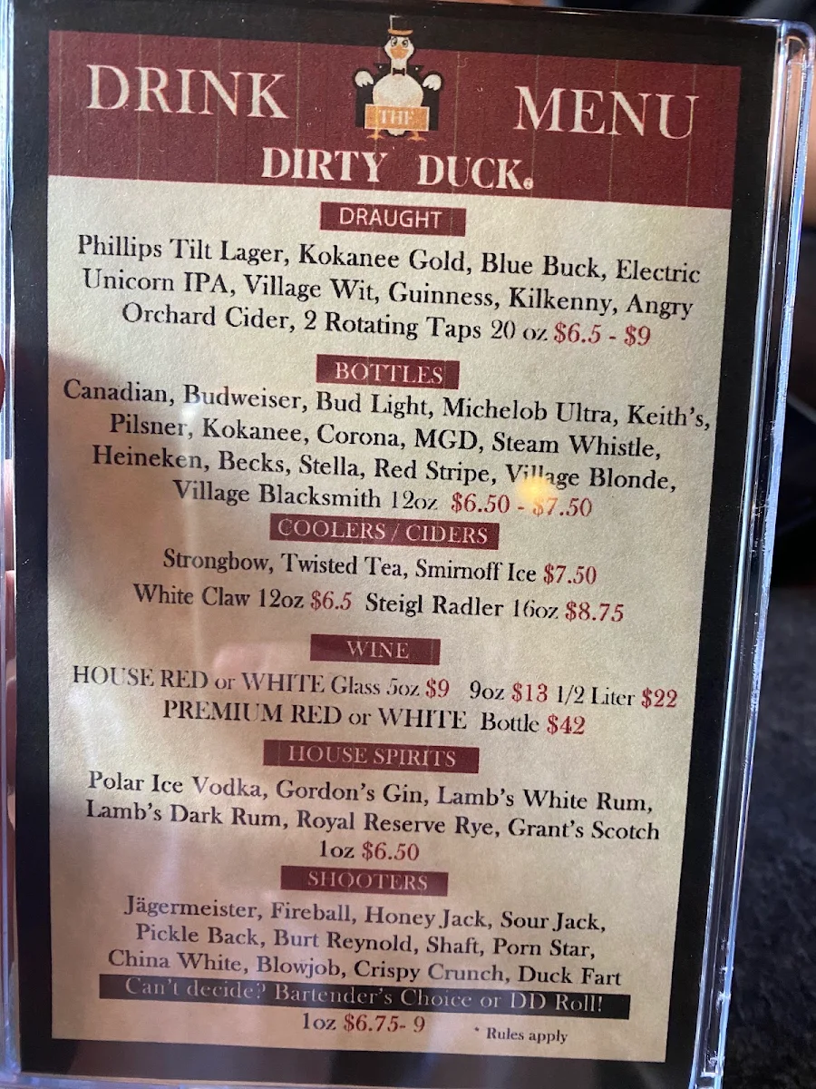Menu, The Dirty Duck