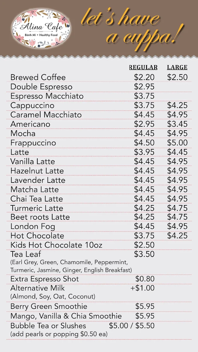 Menu, Alina Cafe and Eatery