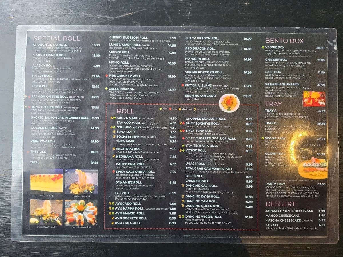 Menu, Momo Sushi Downtown Victoria