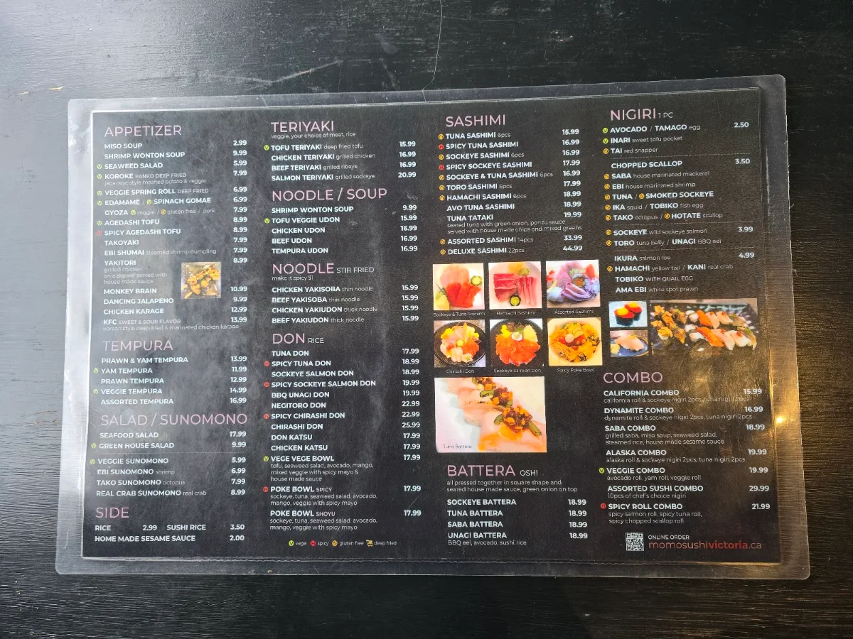 Menu, Momo Sushi Downtown Victoria