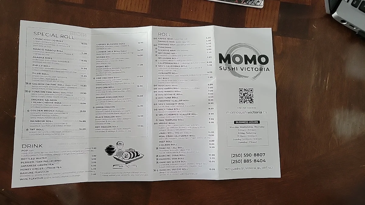 Menu, Momo Sushi Downtown Victoria