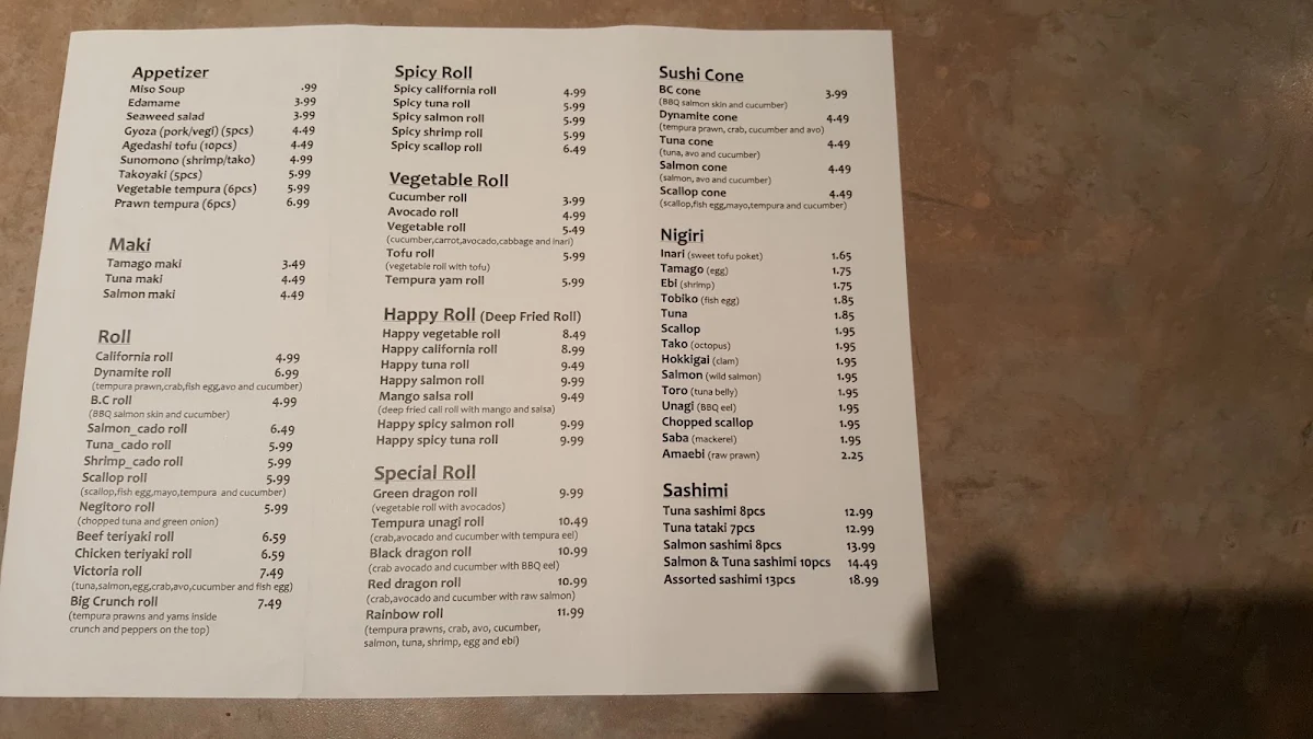 Menu, Momo Sushi Downtown Victoria