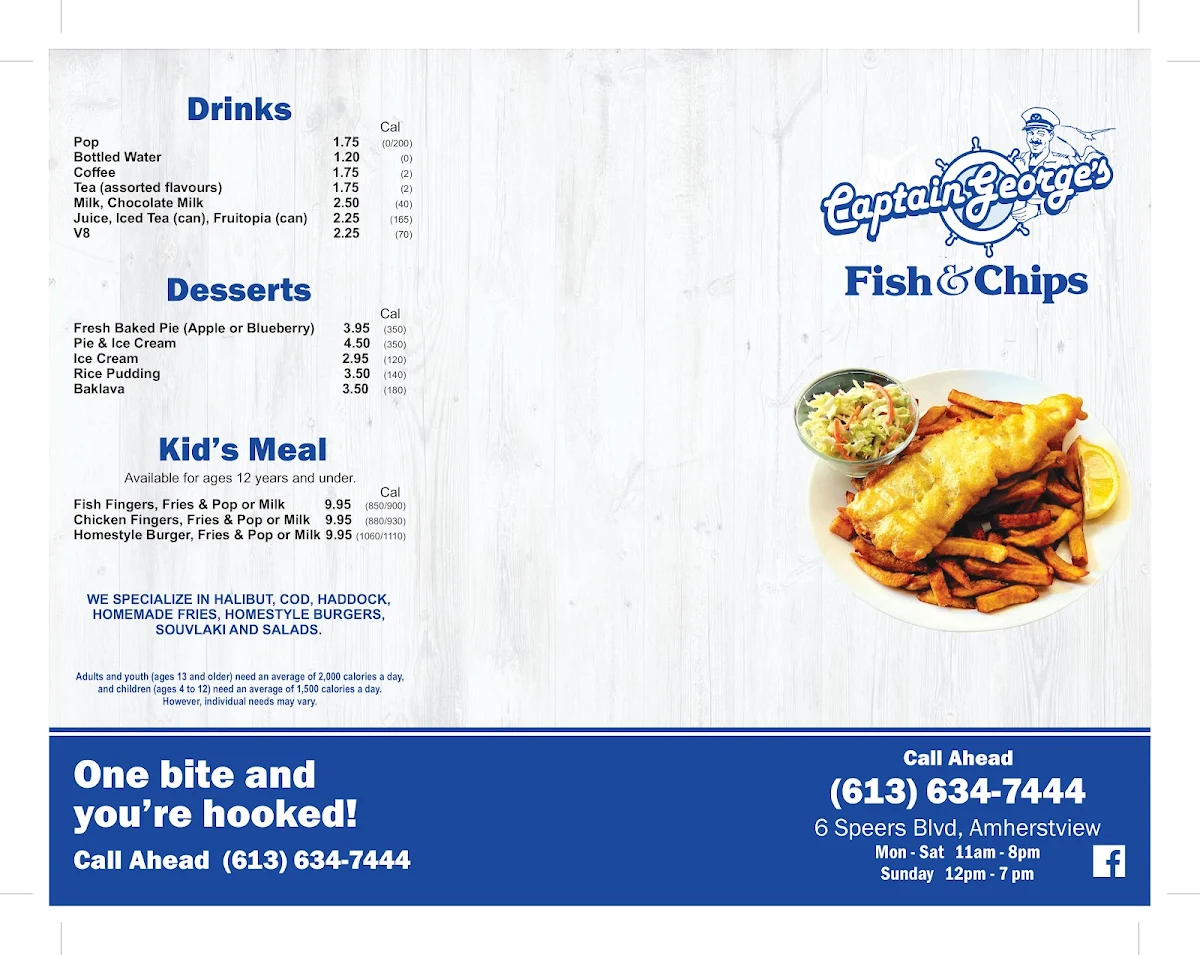 Menu, Captain George's Fish & Chips Amherstview