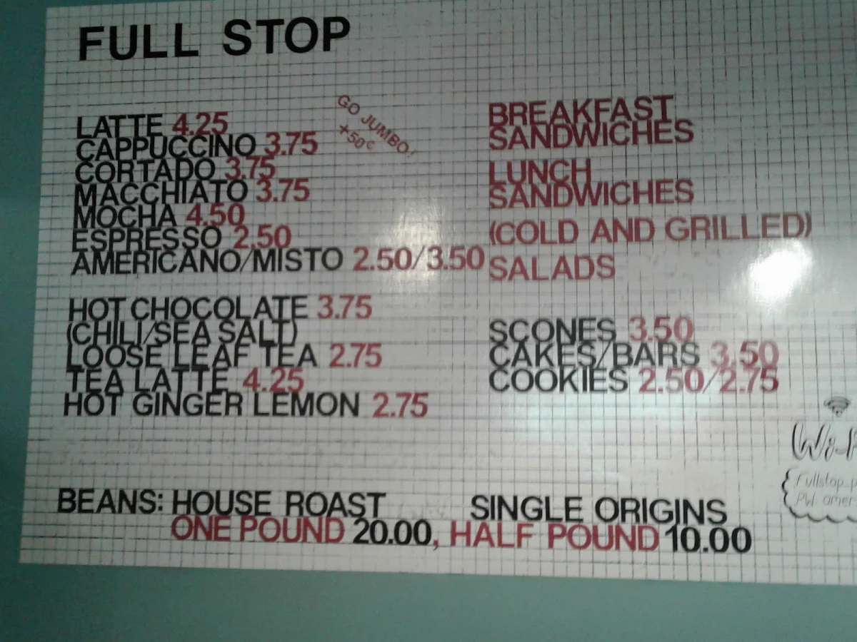 Menu, Full Stop Coffee