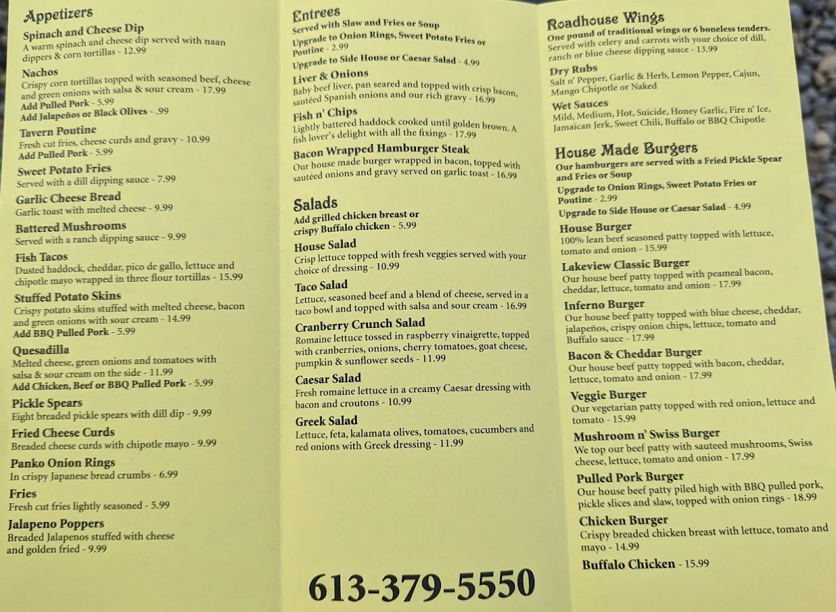 Menu, Lakeview Tavern & Restaurant