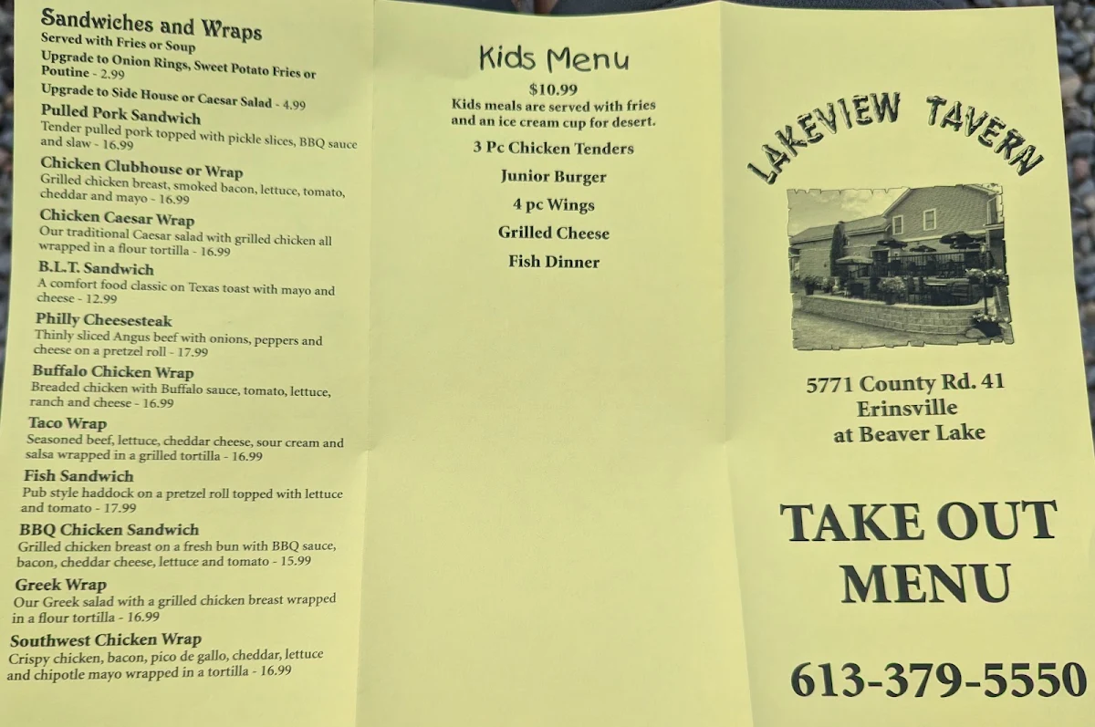 Menu, Lakeview Tavern & Restaurant